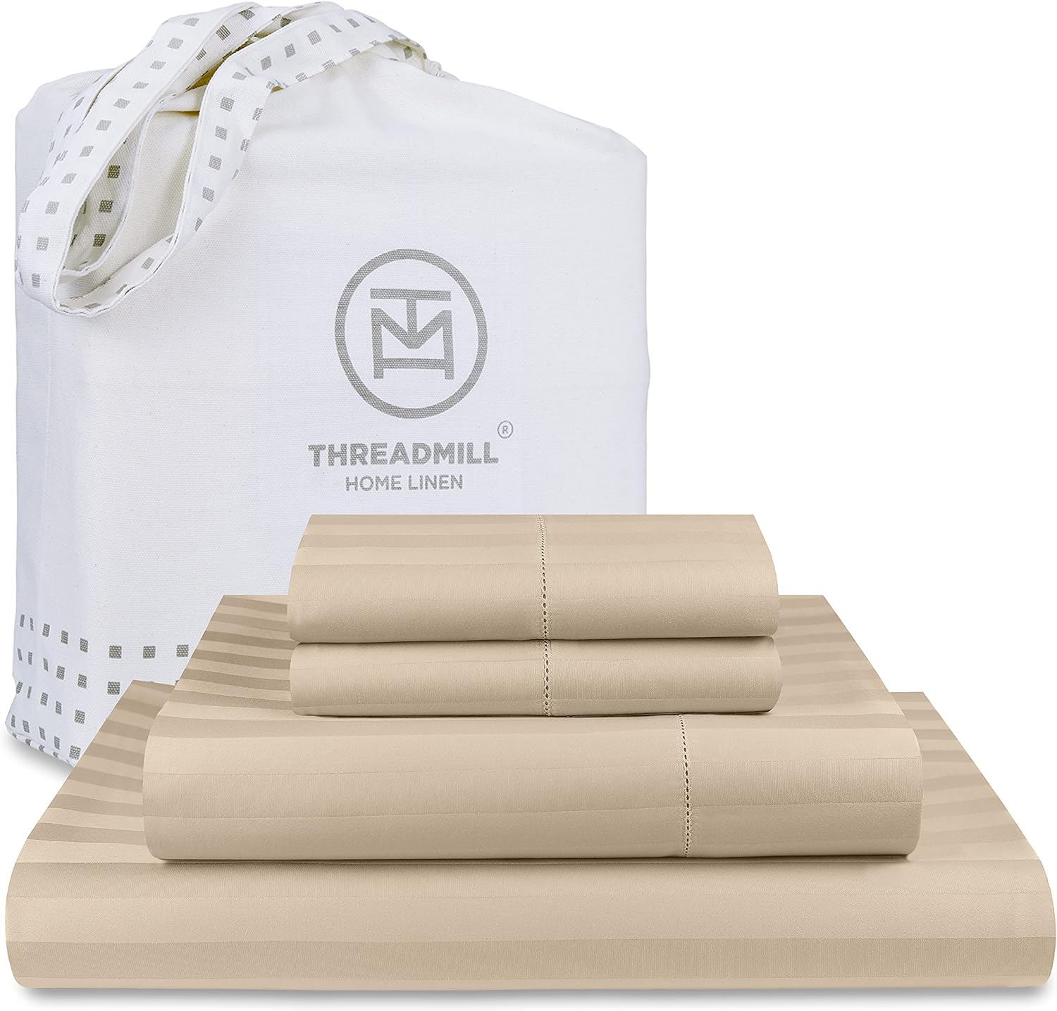 Threadmill 500 Thread Count King Size Damask Stripe, 4 Pc Luxury Cotton Bedsheet Set, Silky Soft Light Beige Sheets with 16 Elasticized Deep Pocket, 2 Pillowcases & Free Tote Bag