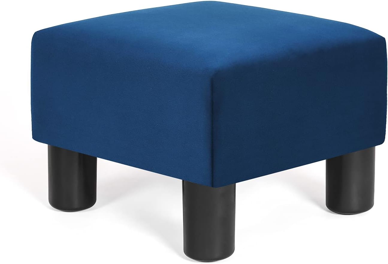 Adeco 13' Small Blue Ottoman Footstool Modern Soft Velvet Fabric Padded Footrest-Small Step Stool Under Desk