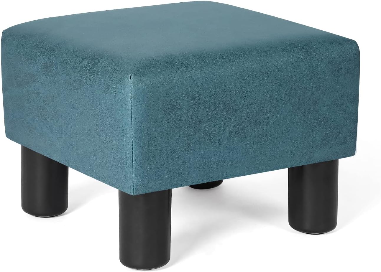 Adeco 13' Small Square Ottoman Footstool- Modern Soft Padded Footrest-Small Step Stool for Living Room, Office (Blue-PU Leather)