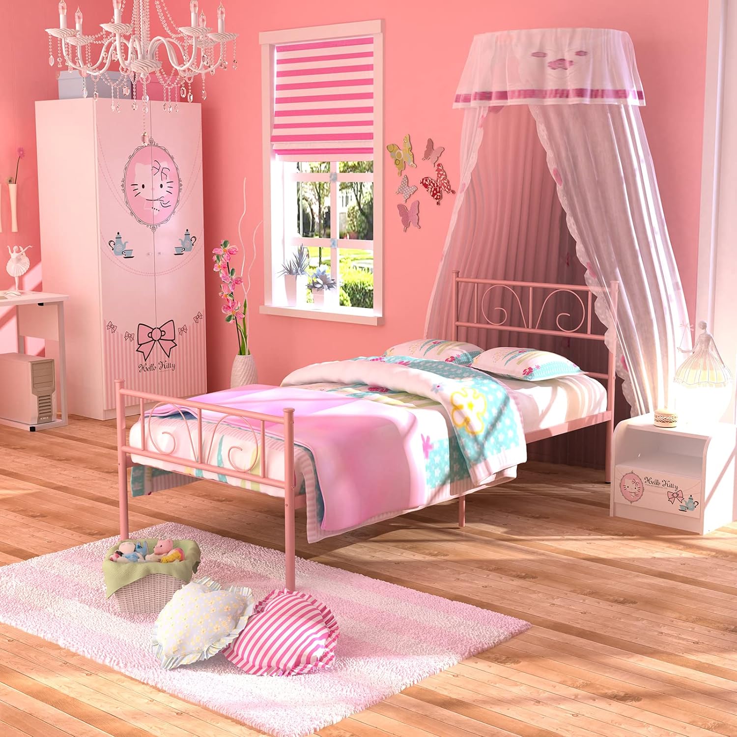 GIME Twin Size Pink Bed Frames with Storage Single Beds with headboard for Girls No Box Spring Needed