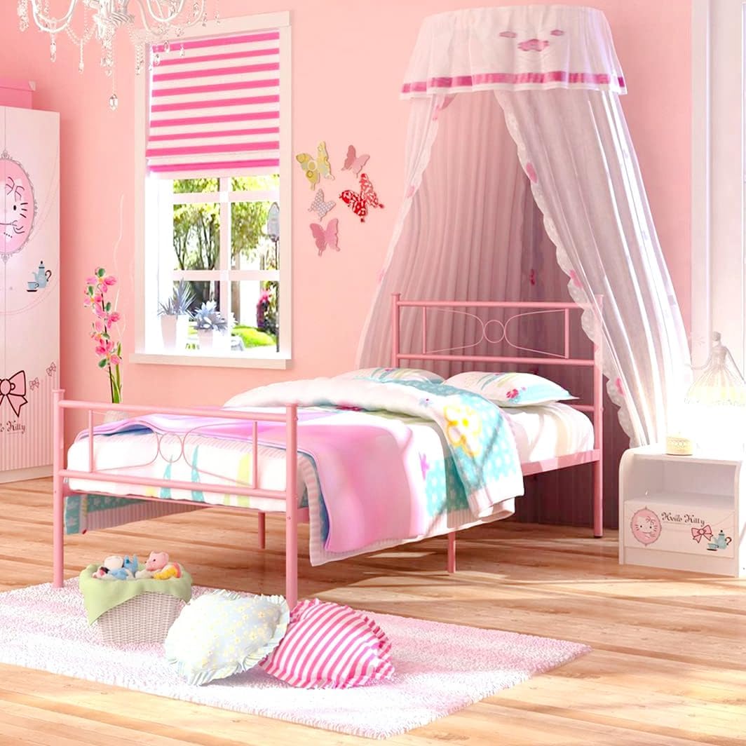 GIME Pink Bed Frames Twin for Girls Single Metal Beds with headboard for Kids No Box Spring Needed(Updated Version) (Leslie)