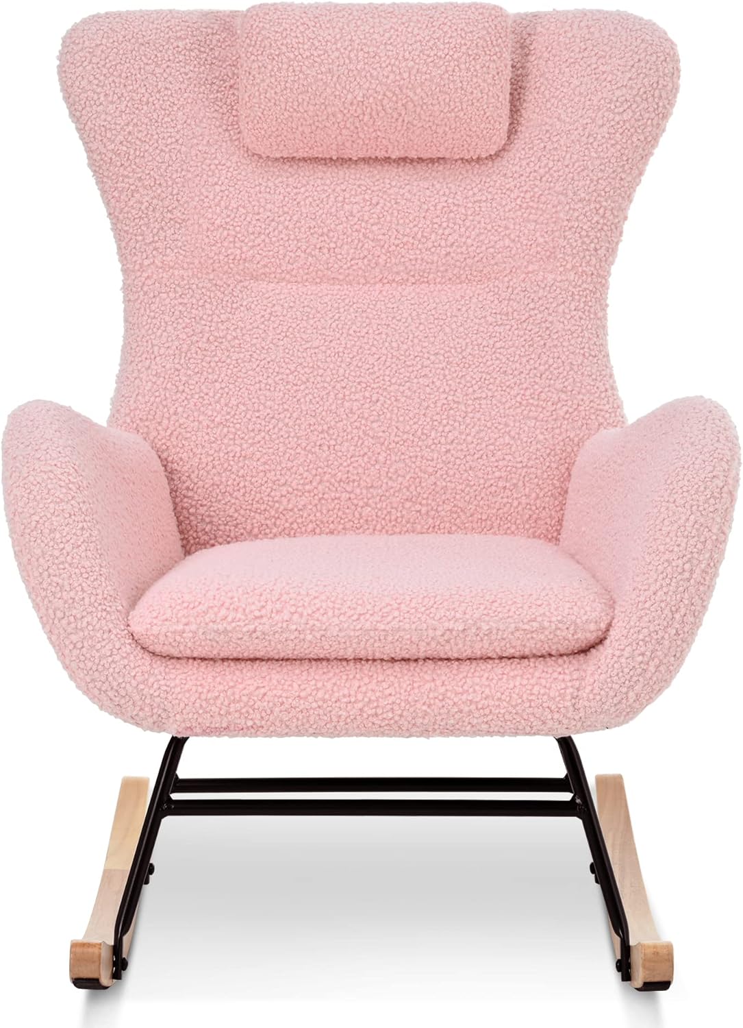 CuisinSmart Rocking Chair Teddy Upholstered Glider Chair for Nursery, Modern Rocker Chair with High Backrest Armchair Rocking Chair Indoor for Living Room, Bedroom and Playroom Pink