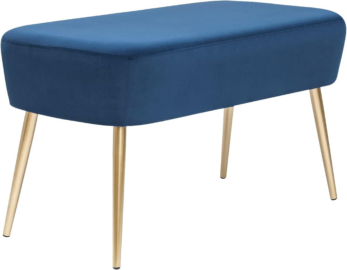 Adeco Upholstered Velvet Blue Ottoman Bench, 35 inch Entryway Bench, End of Bed Bedroom Benches Footrest Stool with Golden Metal Legs for Bedroom, Living Room