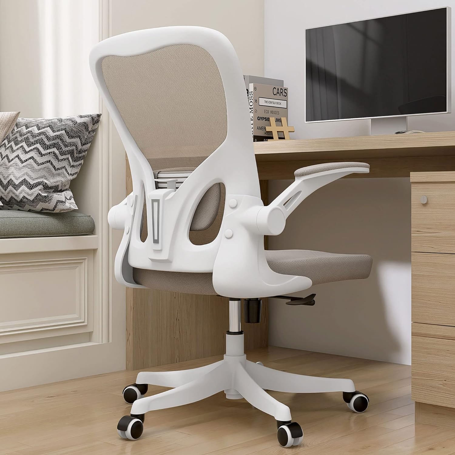 Monhey Desk Computer Chairs - Ergonomic with Lumbar Support & Flip-up Arms Home Office Height Adjustable High Back Rockable Swivel 360 Warm Taupe Mesh Study Chair