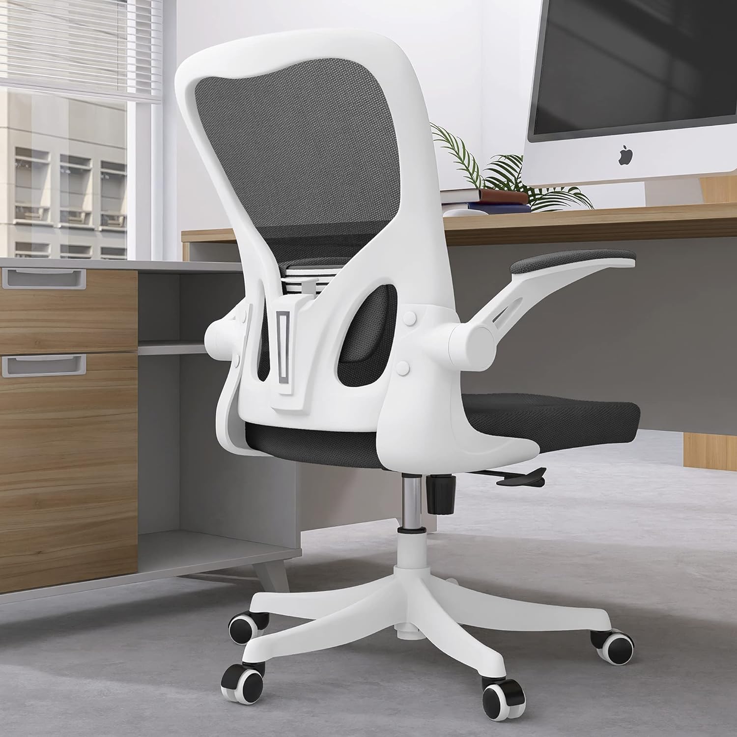 Monhey Office Chair - Ergonomic Office Chair with Lumbar Support & Flip Up Arms Home Office Desk Chairs Rockable High Back Swivel Computer Chair White Frame & Black Mesh Study Chair