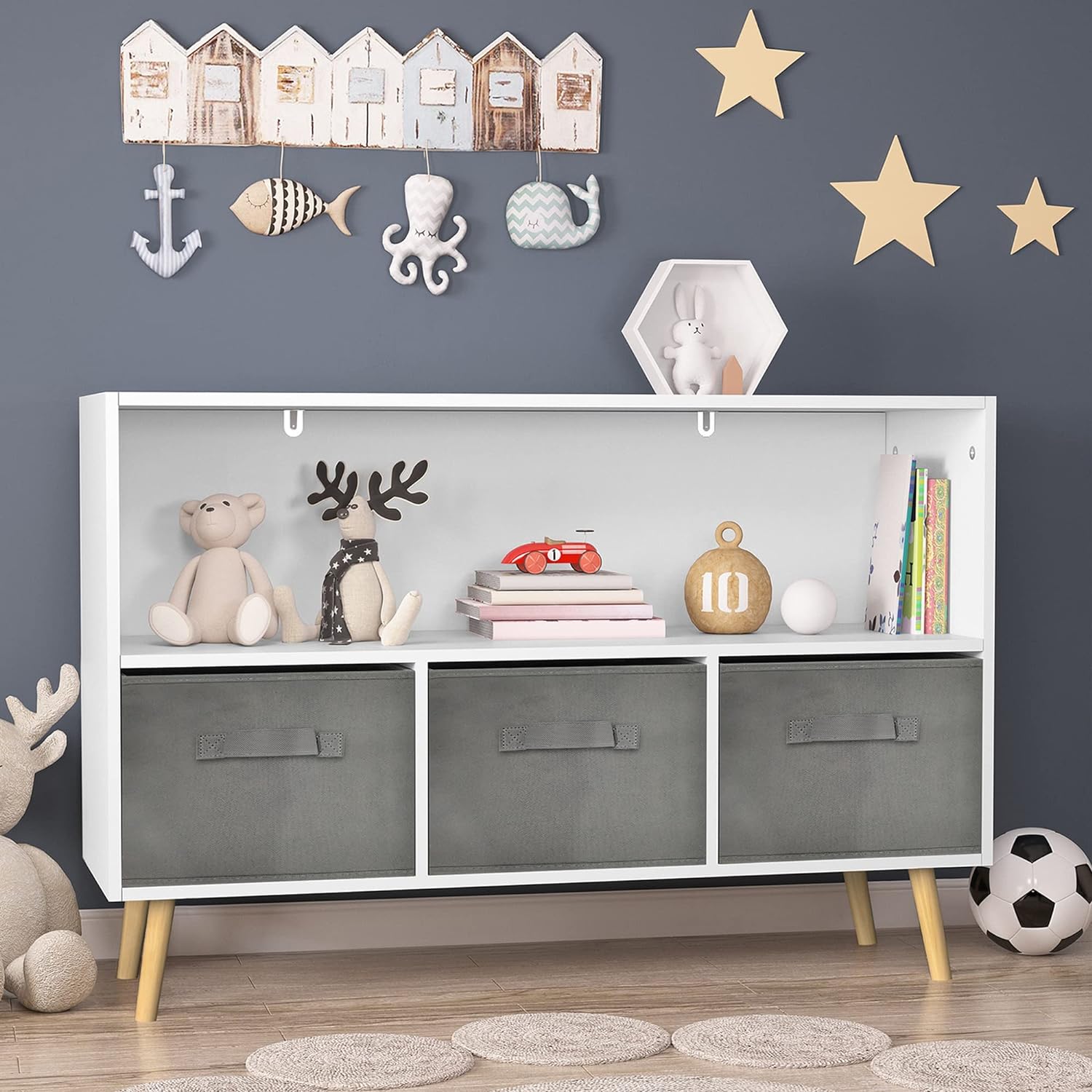 CuisinSmart Kids Bookshelf with Toy Storage Organizer,35.5 Bookcase with Bins for Nursery Playroom Furniture Kids Bedroom Kids Reading Nook,35.5x11,Grey