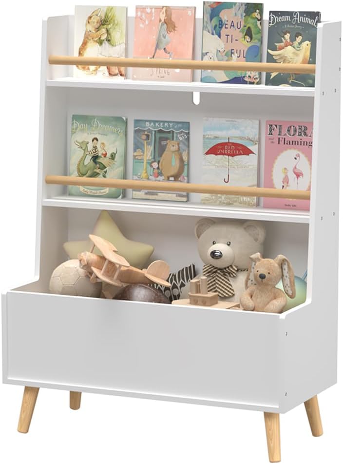 CuisinSmart Kids Bookshelf with Toy Organizer, 3-Tier Wooden Children's Book Shelf, Toy Storage Organizer with Legs, Kids Bookcase for Children's Room, Playroom, Nursery and Classroom White B