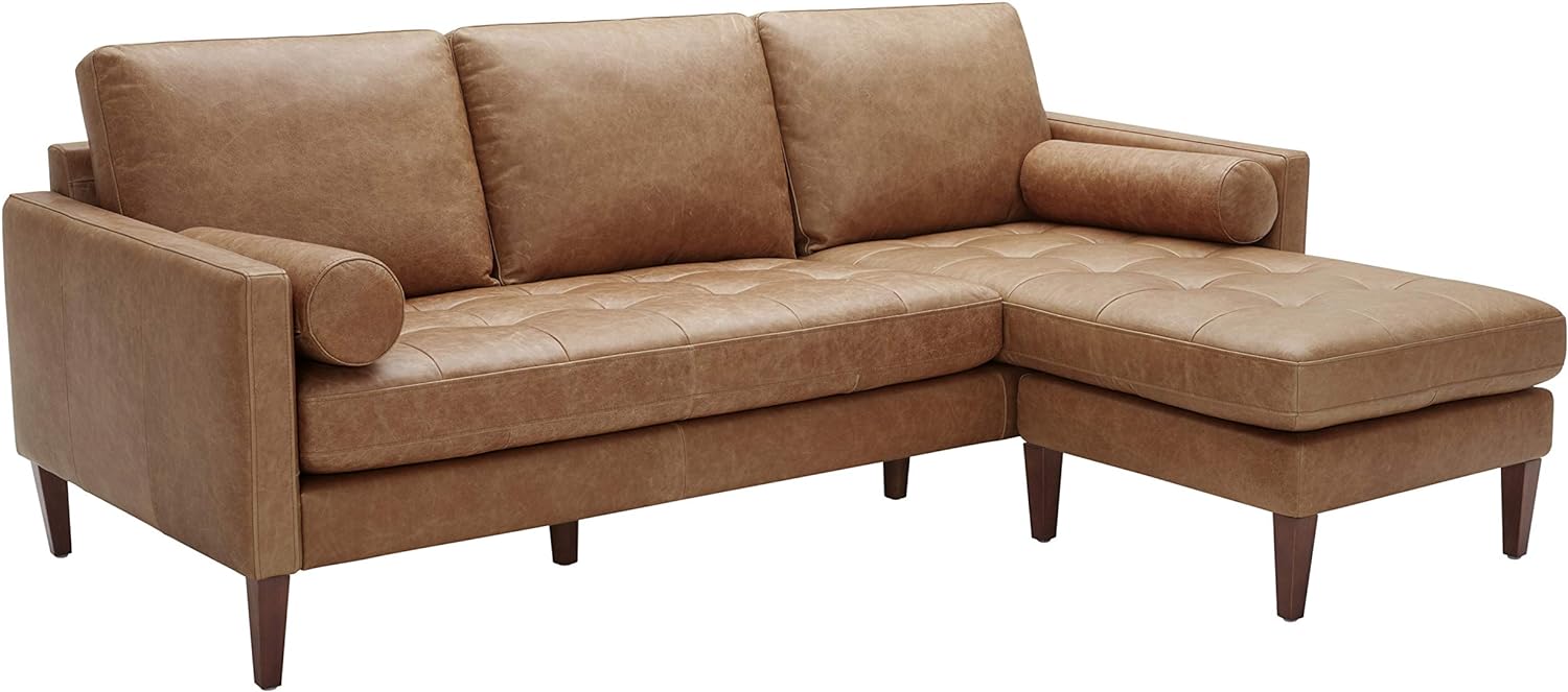 Amazon Brand - Rivet Aiden Mid-Century Modern Reversible Sectional Sofa, Cognac Leather, 86