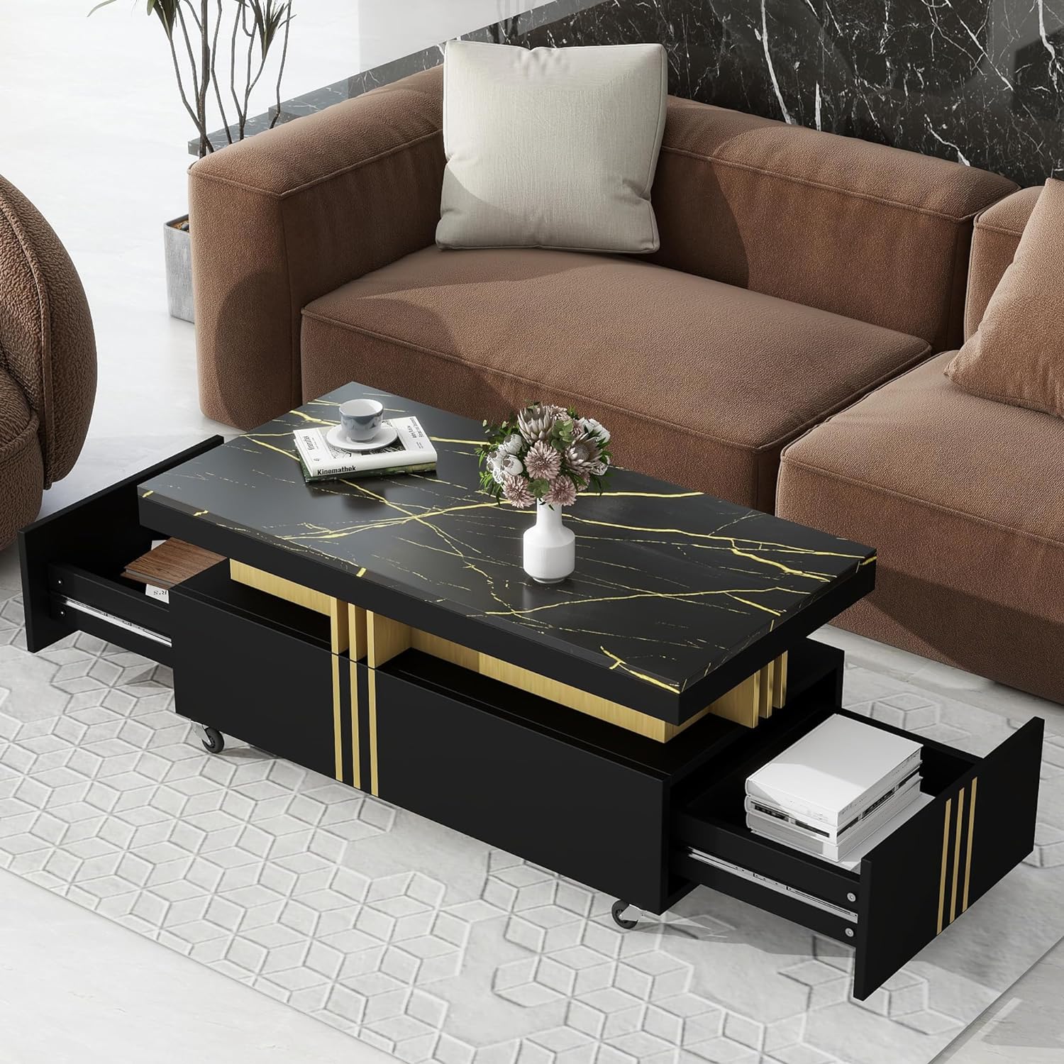 CuisinSmart Coffee Table,39 Wide Contemporary Center Table with Gold Metal Bars & Faux Marble Top, for Living Room,Square Coffee Tables with Caster Wheels and 2 Drawers Large Storage Space Black