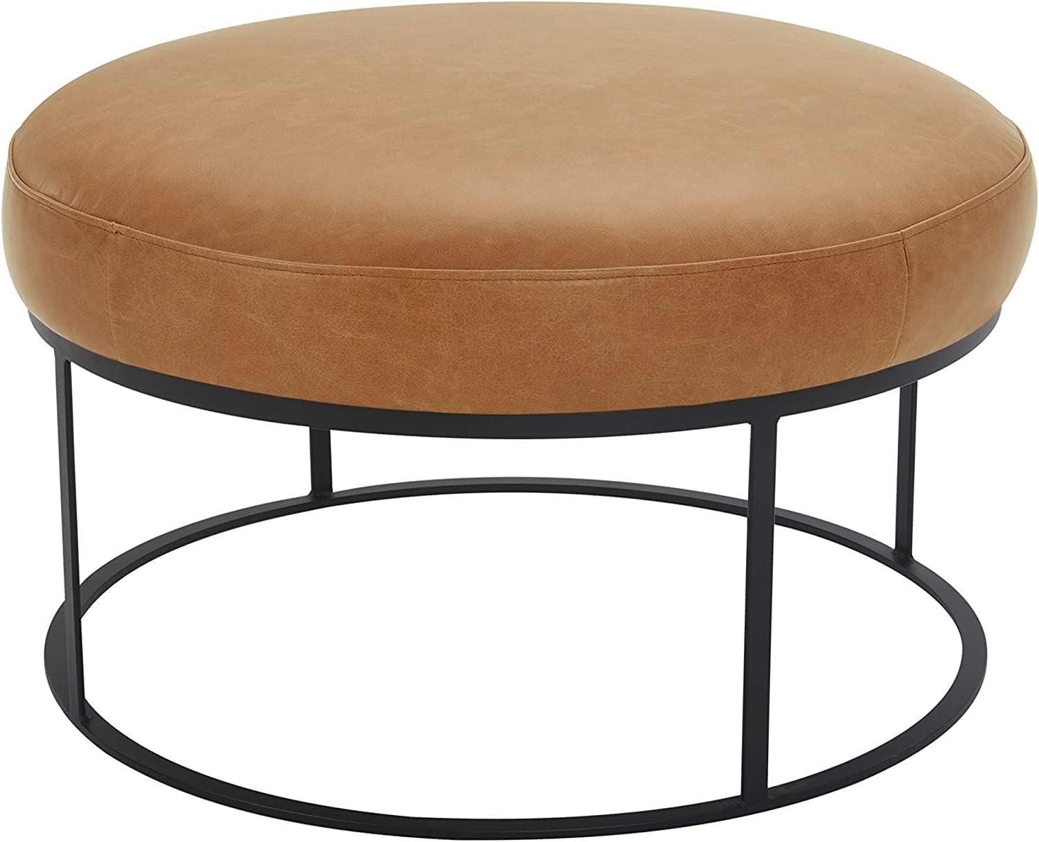 Amazon Brand  Rivet Revere Round Leather Iron-Framed Ottoman, 30.3W, Cognac