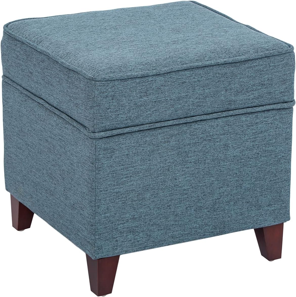 Adeco 17 Square Ottoman with Storage- Small Storage Ottoman Foot Rest with Hinged Lid- Blue Faux Linen Fabric Upholstered Footstool with Sturdy Wood Legs