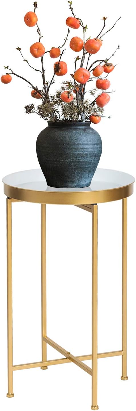 Adeco Modern Round Side End Accent Table 25.7 inch Tall for Living Room (Gold, White Tray)