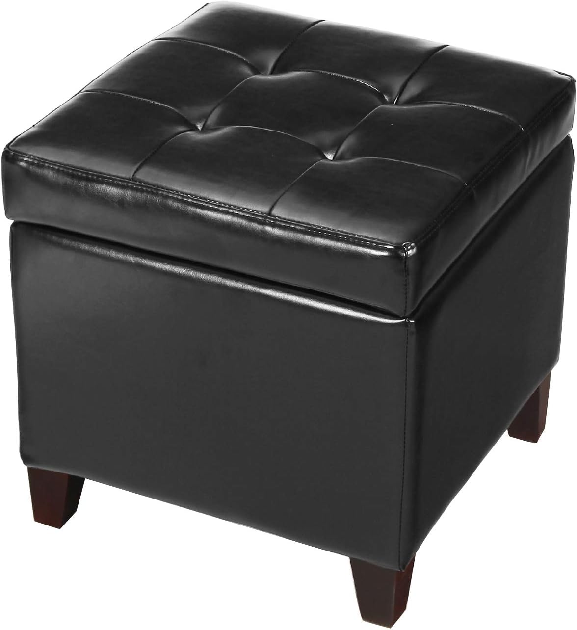 Adeco Bonded Leather Square Tufted Cubic Cube Footstool, 18 Height Storage Ottomans, With Lid, Black