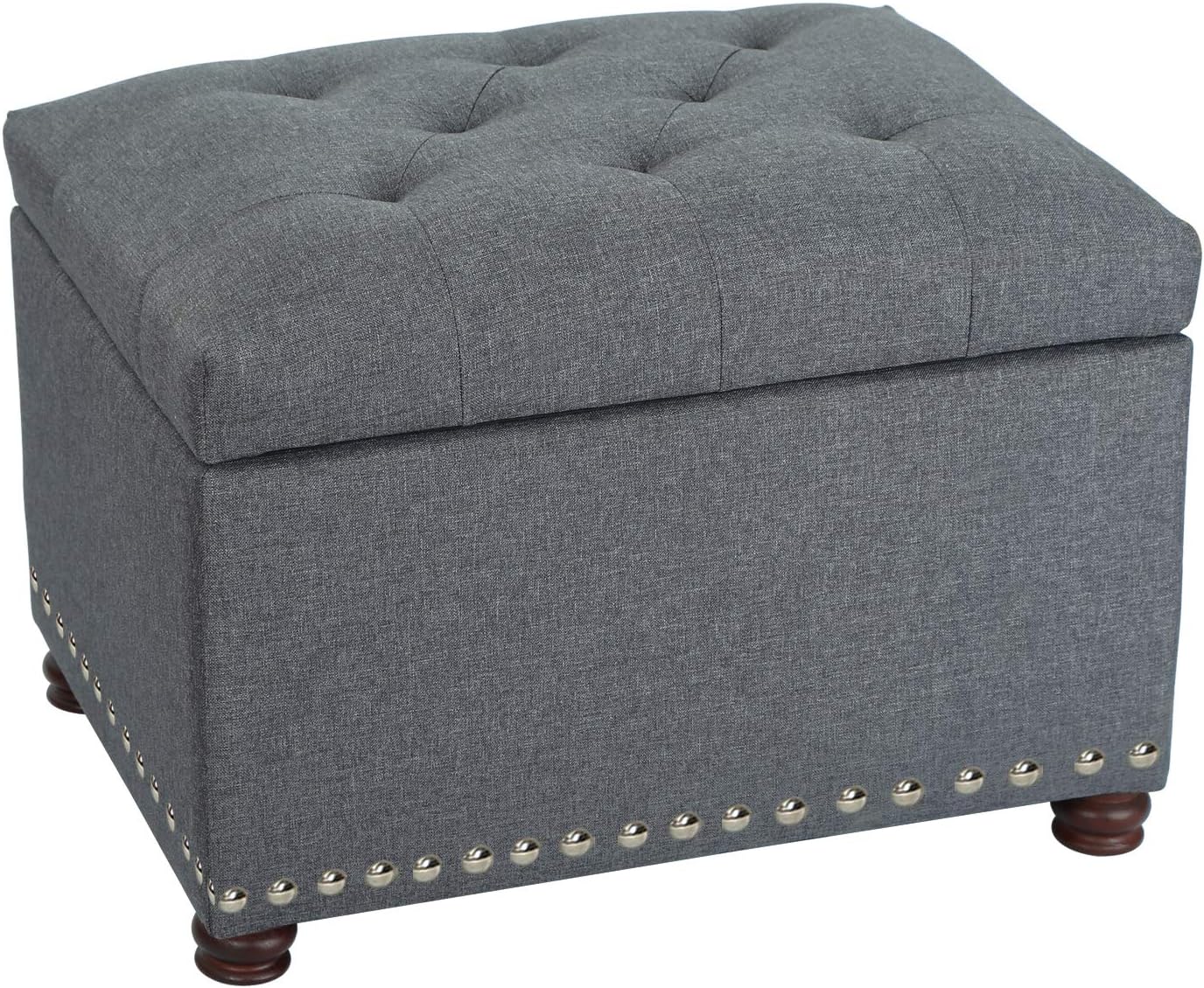 Adeco Classy Linen Blend Fabric Accents Rectangular Storage Bench Ottoman Footstool, Footrest Side Living Room Bedroom Coffee Table, 24x17.5x18, Grey