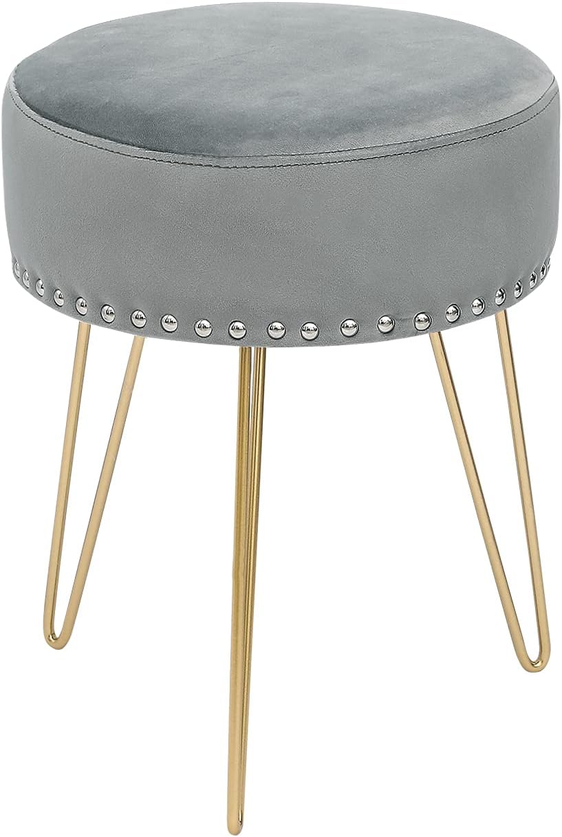 Adeco Round Grey Vanity Stool Chair, Upholstered Makeup Foot Stool Rest Ottoman with Gold Metal Legs for Makeup Room, Living Room