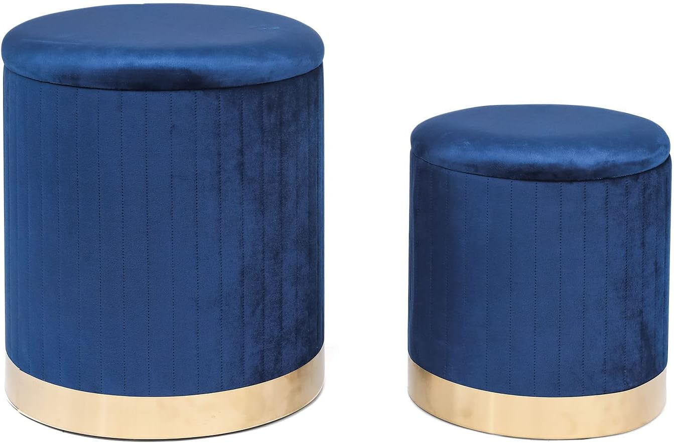 Adeco Round Velvet Storage Ottoman,Vanity Stool Chair,Upholstered Foot Rest Stool with Gold Plating Base for Living Room or Bedroom (Pack of 2)