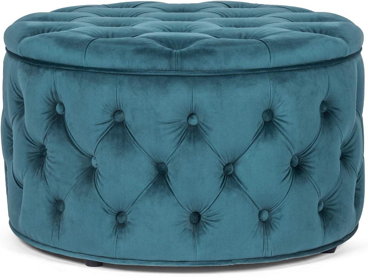 Adeco Modern 28 Inch Round Storage Ottomans Chair, Button Tufted Upholstered Ottoman Footstool with Storage for Living Room Bedroom