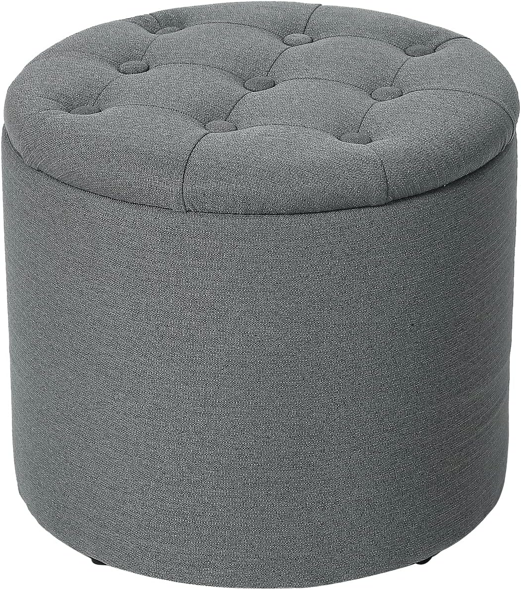 Adeco 14.6 Round Storage Tufted Ottomans with Removable Lid, Steel Gray