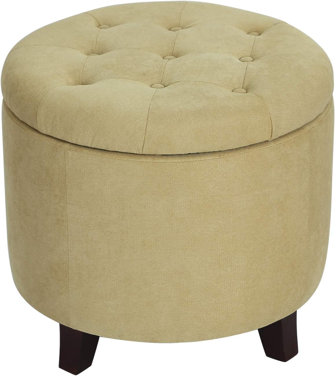 Adeco Fabric Cushion Round Button Tufted Lift Top Storage Footstool, Height 17 Inches Ottomans & Storage Ottomans, Flax Yellow