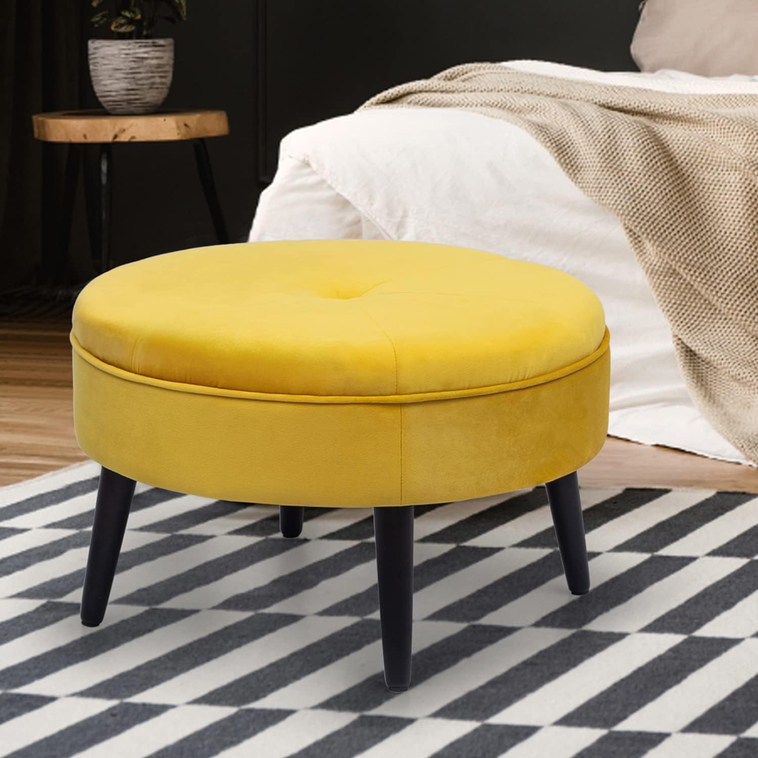 Adeco 23 Round Velvet Ottoman with Thicked Sponge and Non-Skid Wood Legs, Modern Fabric Tufted Footstool Sofa Footrest Extra Seating for Living Room Entryway, Yellow