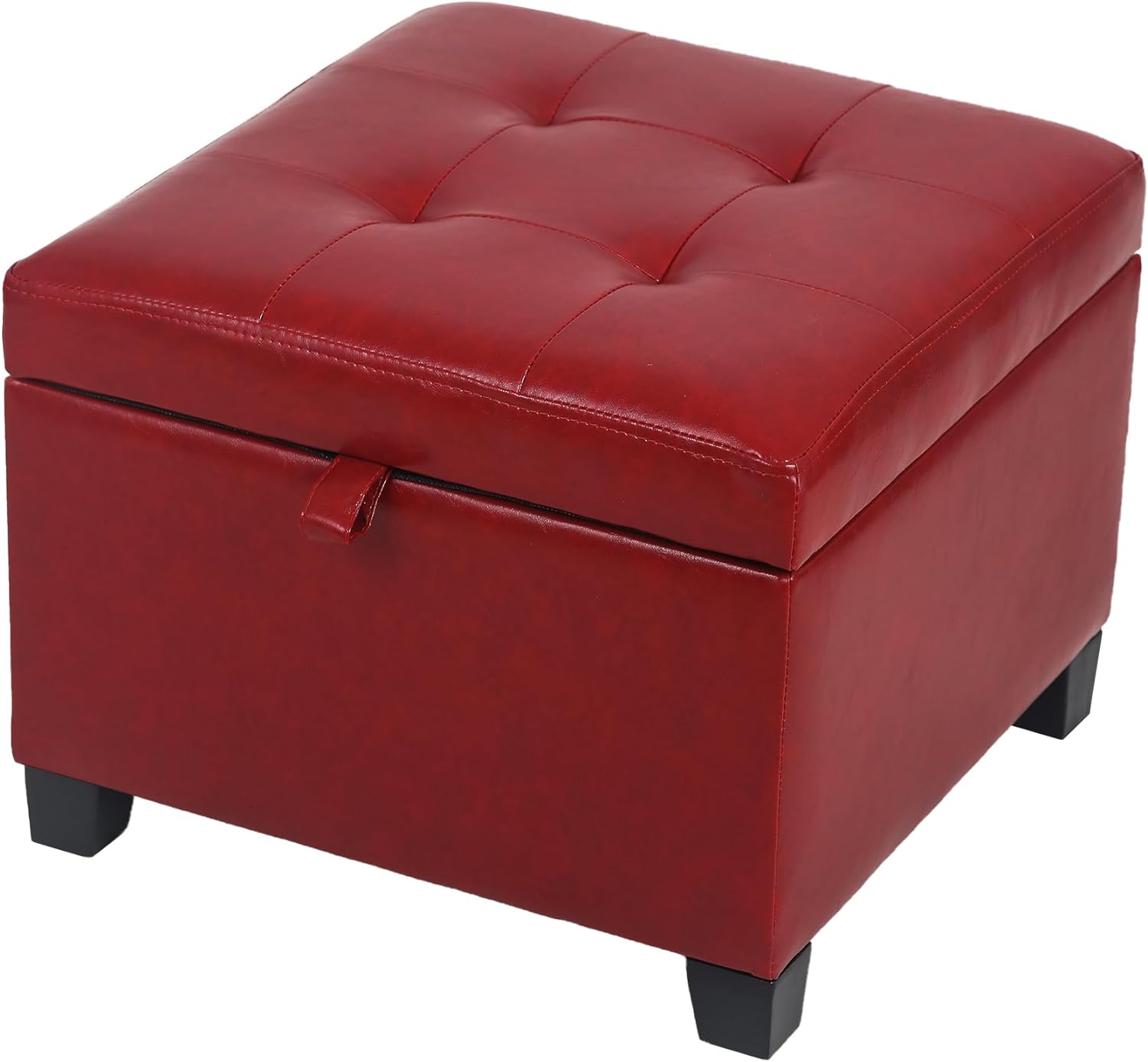 Adeco Faux Leather Storage Ottoman with Hinged Lid, 14 Inch High Red Square Cube Foot Stool with Storage, Upholstered Vanity Stool with Solid Wood Legs for Living Room, Bedroom, Dorm