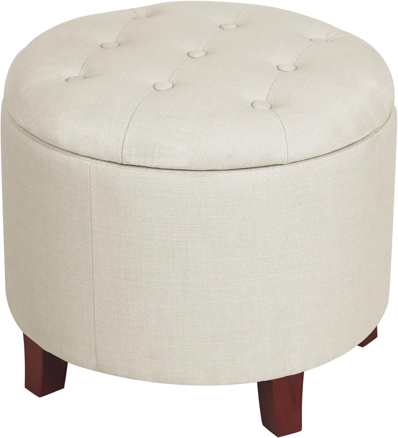 Adeco 17 Height Round Storage Ottoman, Modern Linen Fabric Cushion Footstool with Removable Lid and Wooden Legs for Bedroom Living Room, White