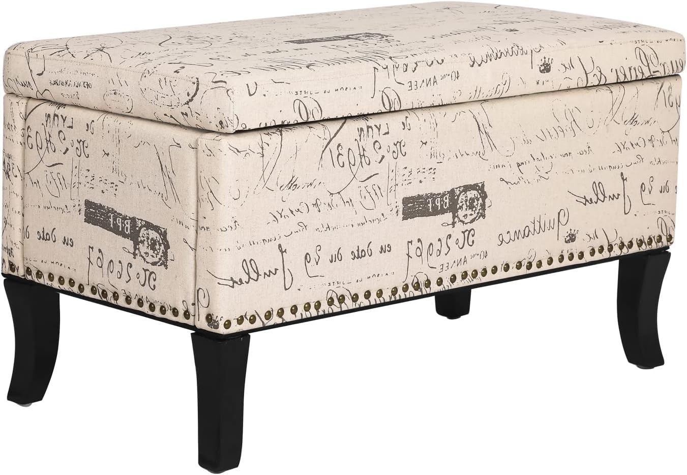 Adeco 32 inch Rectangular Storage Ottoman Bench, Script Printed Linen Upholstered Ottoman Foot Rest, Fabric Ottoman Bench with Wooden Legs for Living Room, Entryway or Bedroom