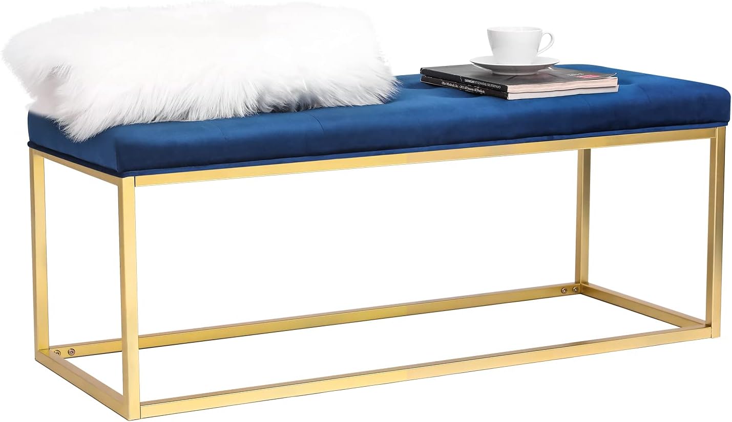 Adeco 43.7 in Upholstered Tufted Velvet Ottoman Bench, Green Rectangle Foot Rest Bench Coffee Table with Golden Frame, Bottom Storage Design for Bedroom, Living Room, Entryway, Kitchen, Dining (Blue)