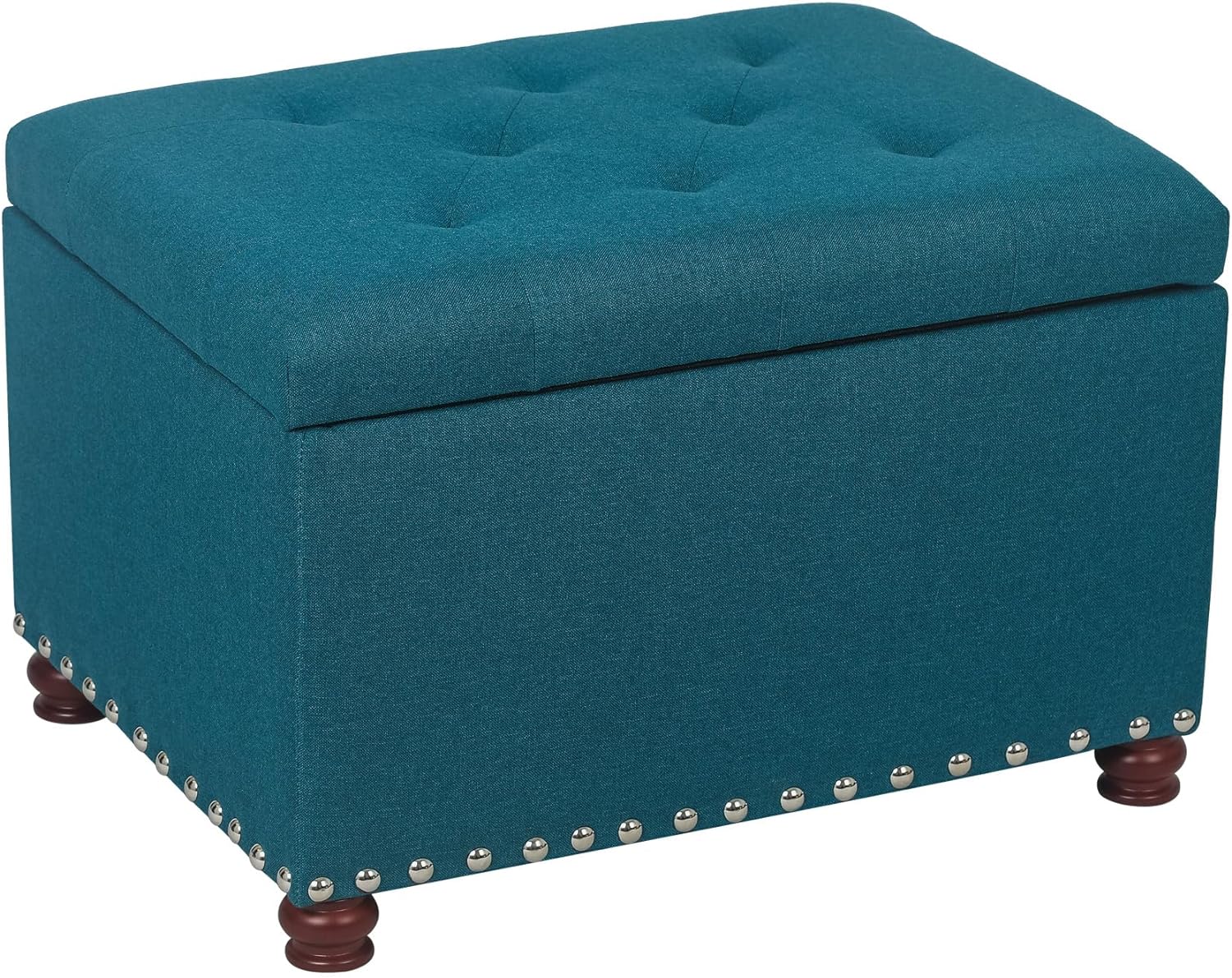 Adeco 24 Rectangular Fabric Storage Ottoman, Button Tufted Accents Linen Bench with Storage, Rivet Footstool with Wooden Legs and Safety Close Hinge for Living Room Bedroom Entryway (Peacock Blue)