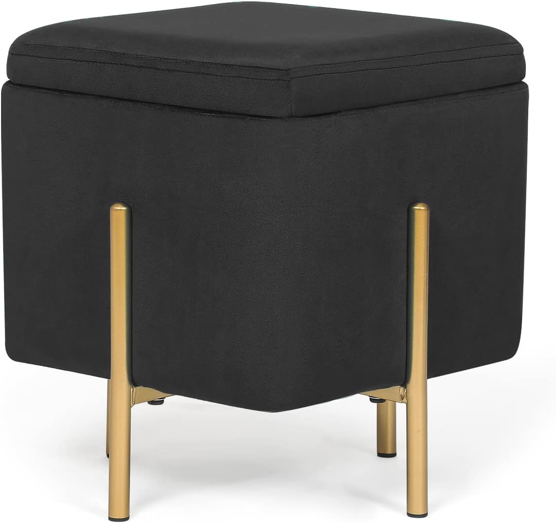 Adeco Upholstered Tufted Square Storage Ottomans, Black Modern Velvet Footrest Ottomans with Storage for Couch