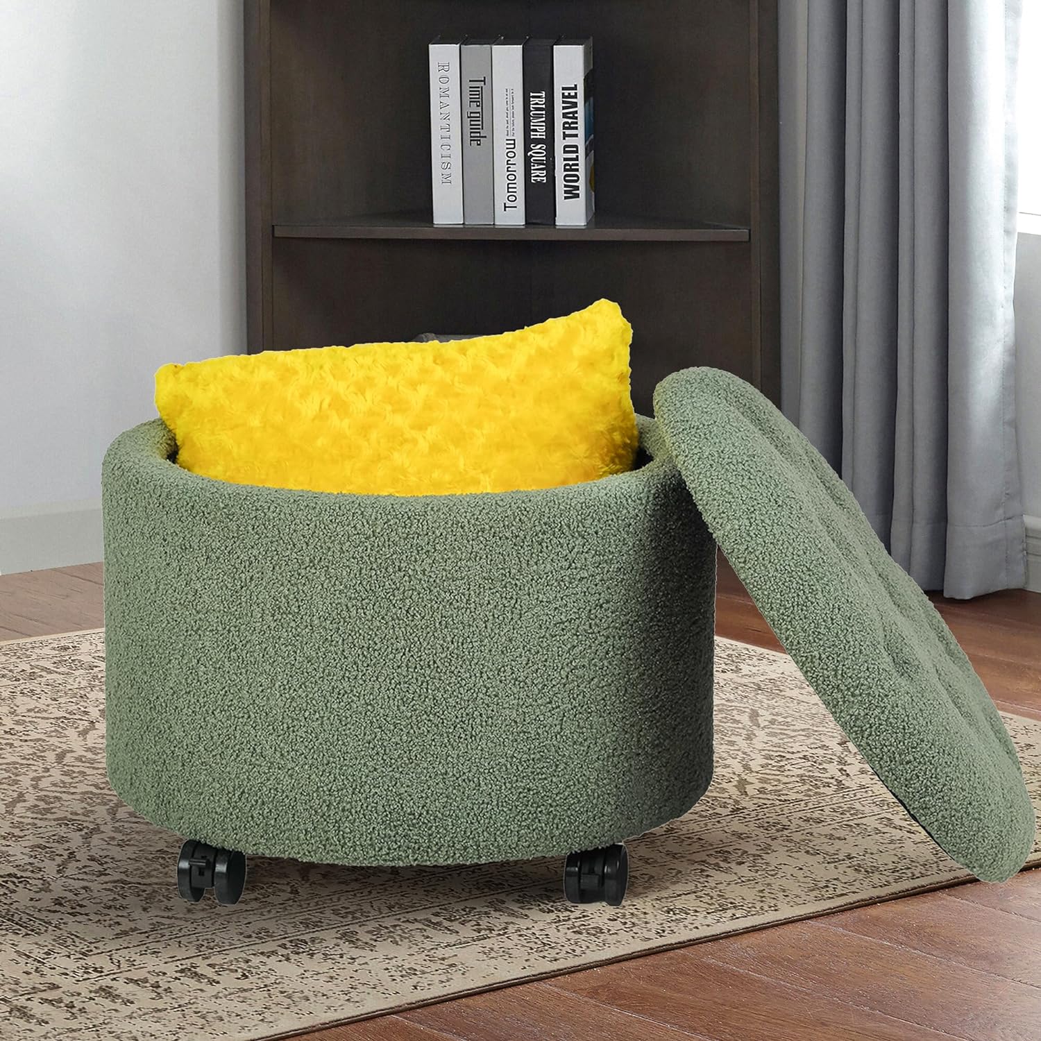 Adeco Teddy Fleece Cushion Round Button Tufted Storage Footstool, Height 16 Inches Storage Ottoman, with Steerable Rolling Wheels, Cream Green