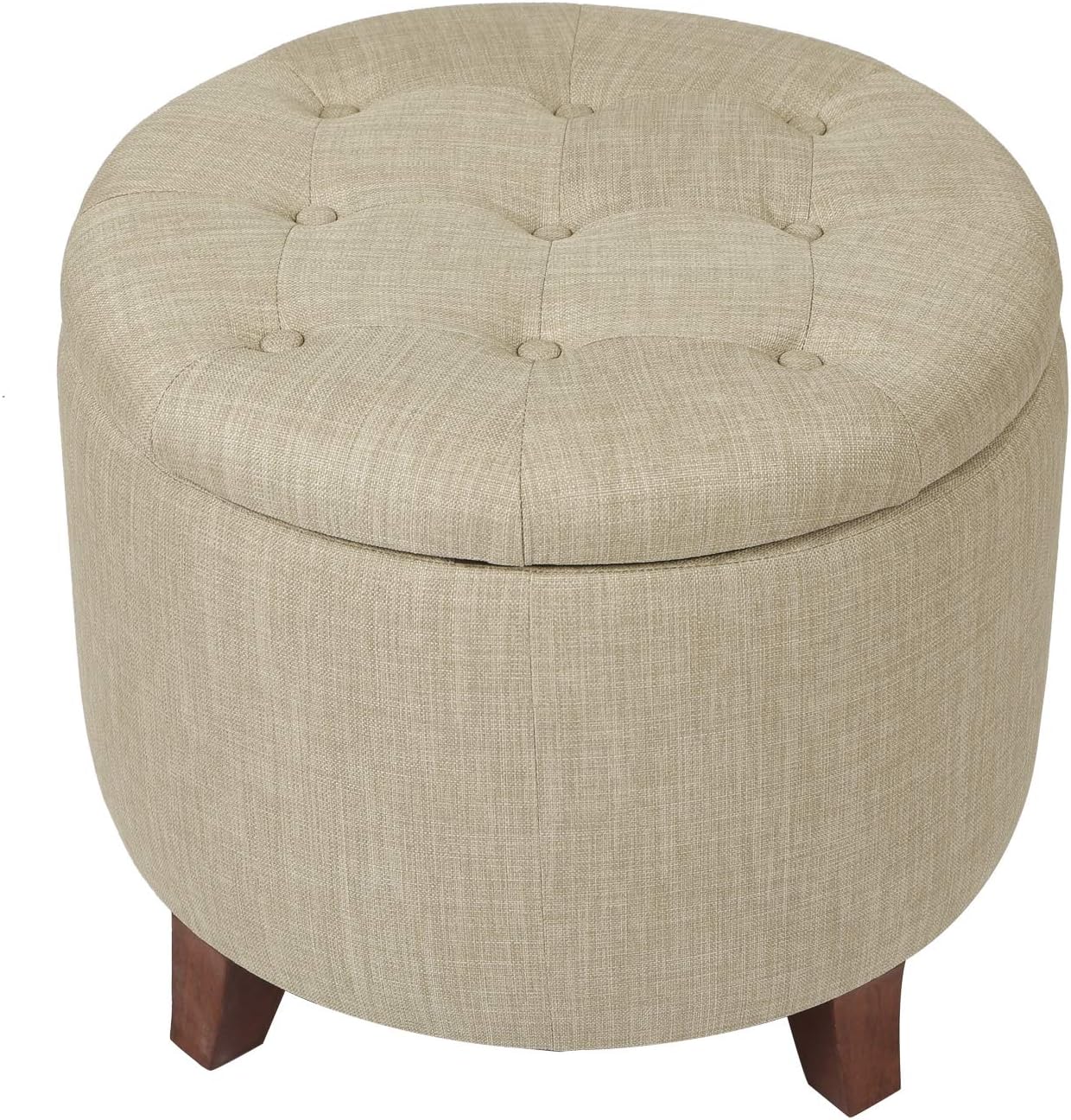 Adeco 17 Height Round Storage Ottoman, Modern Linen Fabric Cushion Footstool with Removable Lid and Wooden Legs for Bedroom Living Room, Beige