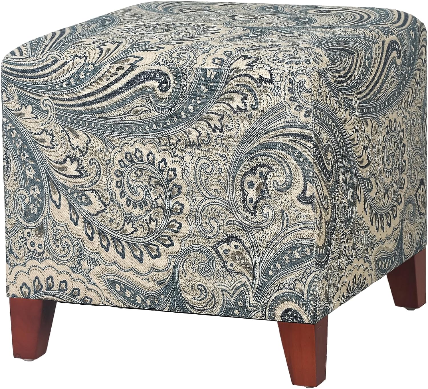 Adeco 16.5 Linen Cube Ottoman Footstool, Square Footrest Stools Coffee Table, Stepstool, Padded Square Seat with Wooden Legs for Living Room, Bedroom, Couch, Desk (Blue Paisley)