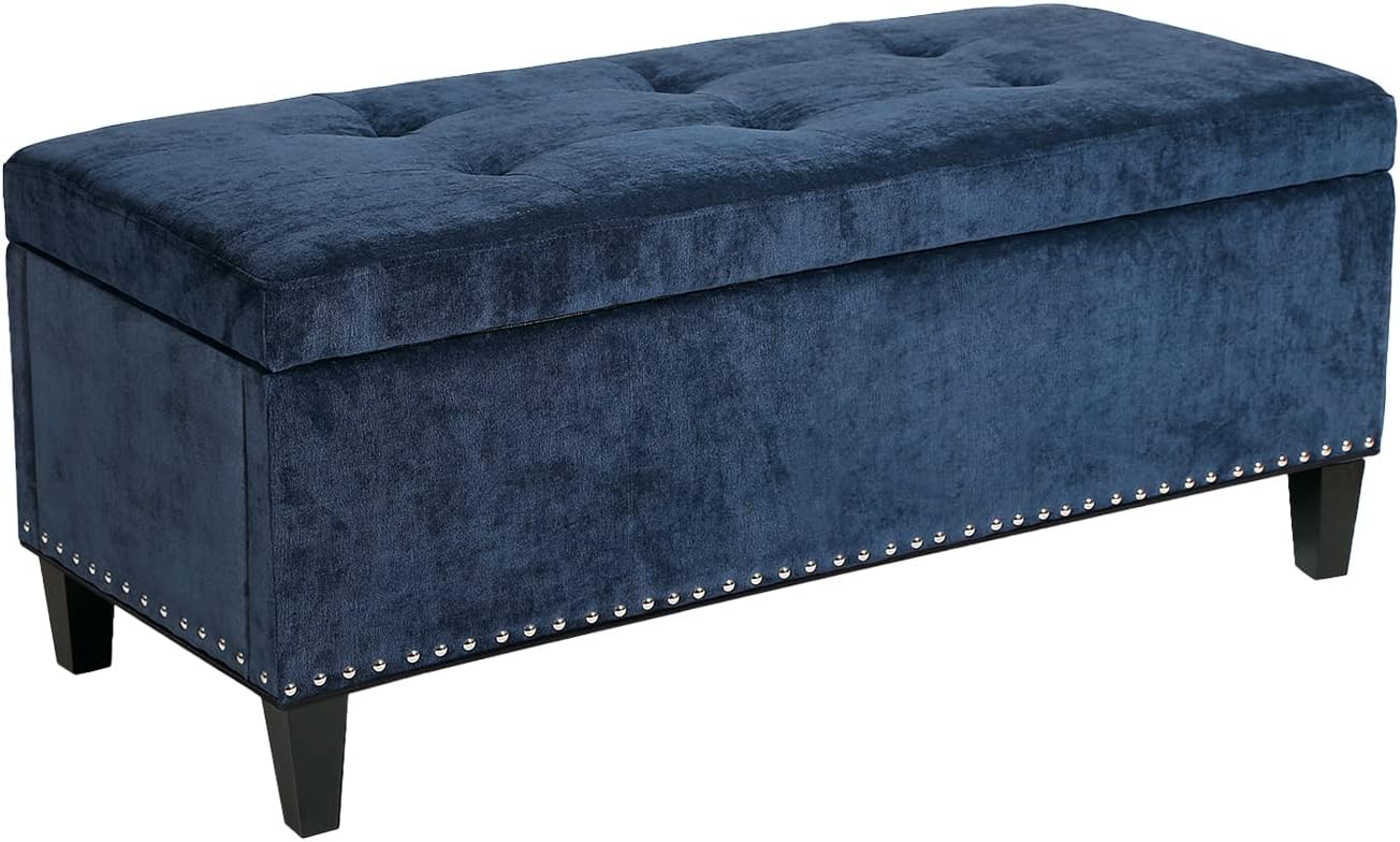 Adeco Rectangular Storage Ottoman, Velvet Tufted End of Bed Bench with Rivet, Footrest Stool Coffee Table with Sturdy Legs for Living Room Bedroom Entryway, Need Assembly