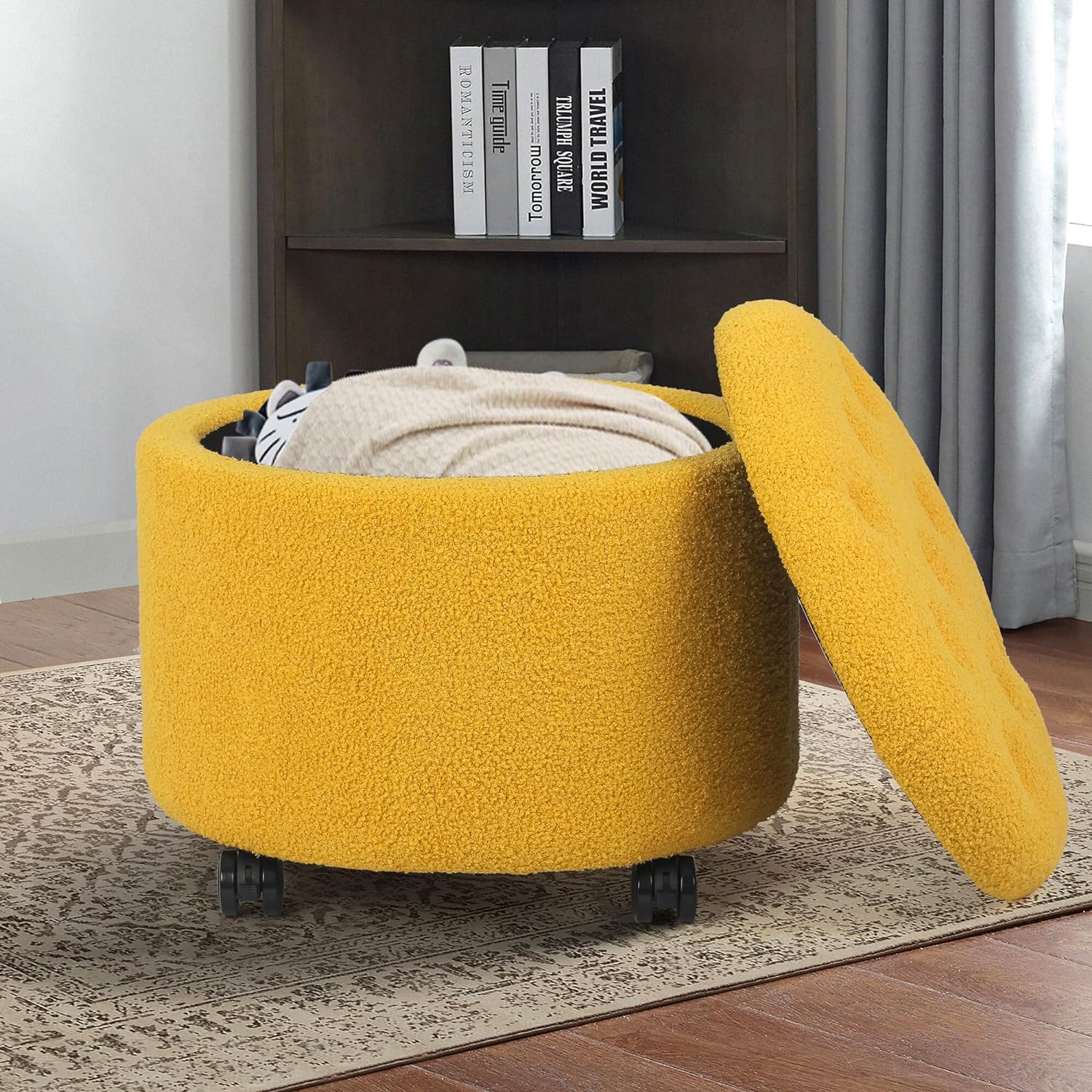 Adeco Teddy Fleece Cushion Round Button Tufted Storage Footstool, Height 16 Inches Storage Ottoman, with Steerable Rolling Wheels, Bright Yellow