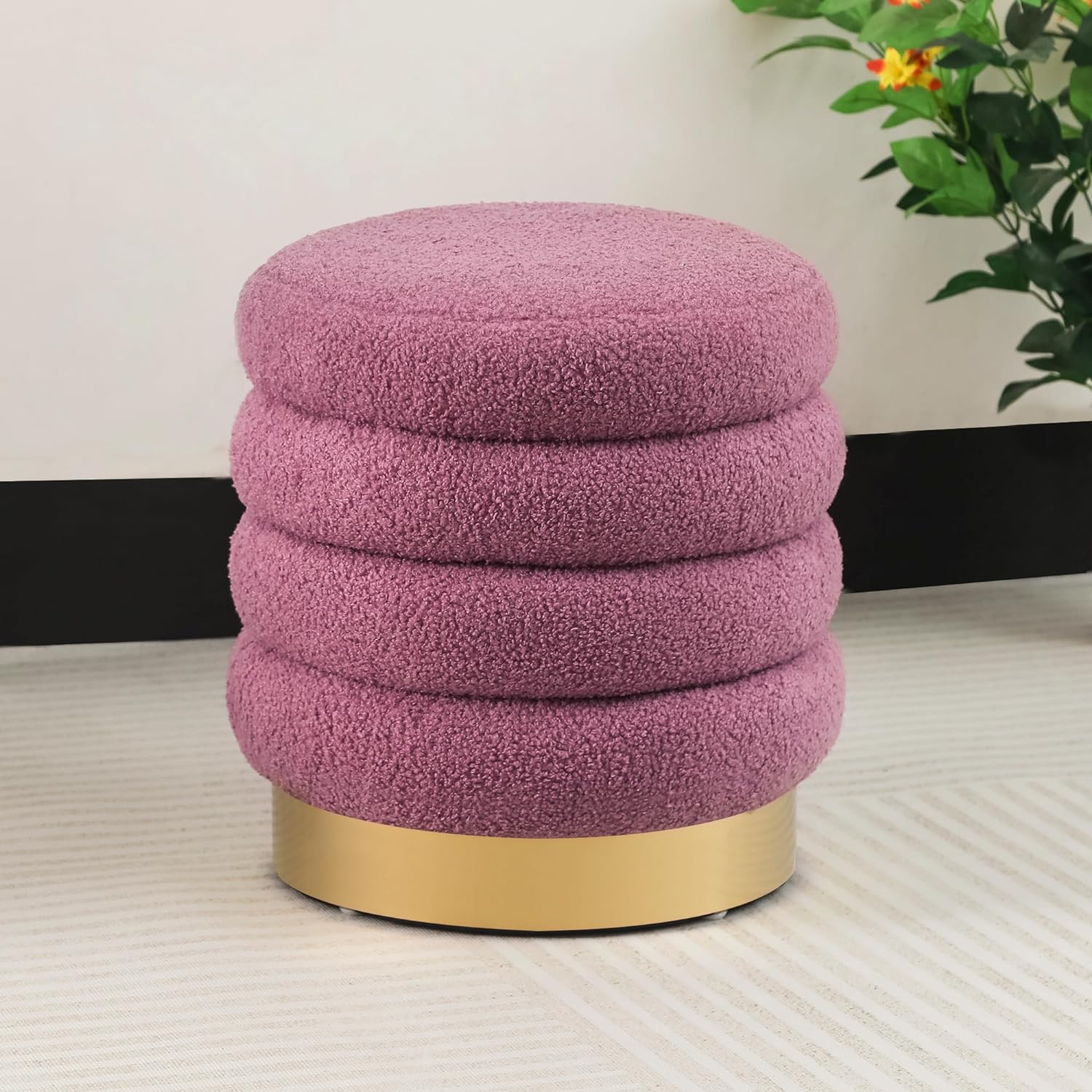 Adeco Round Ottoman Teddy Fleece Vanity Stool Chair with Metal Base, Modern Padded Footrest Stool Seat Footstool for Living Room Bedroom, Rose Purple