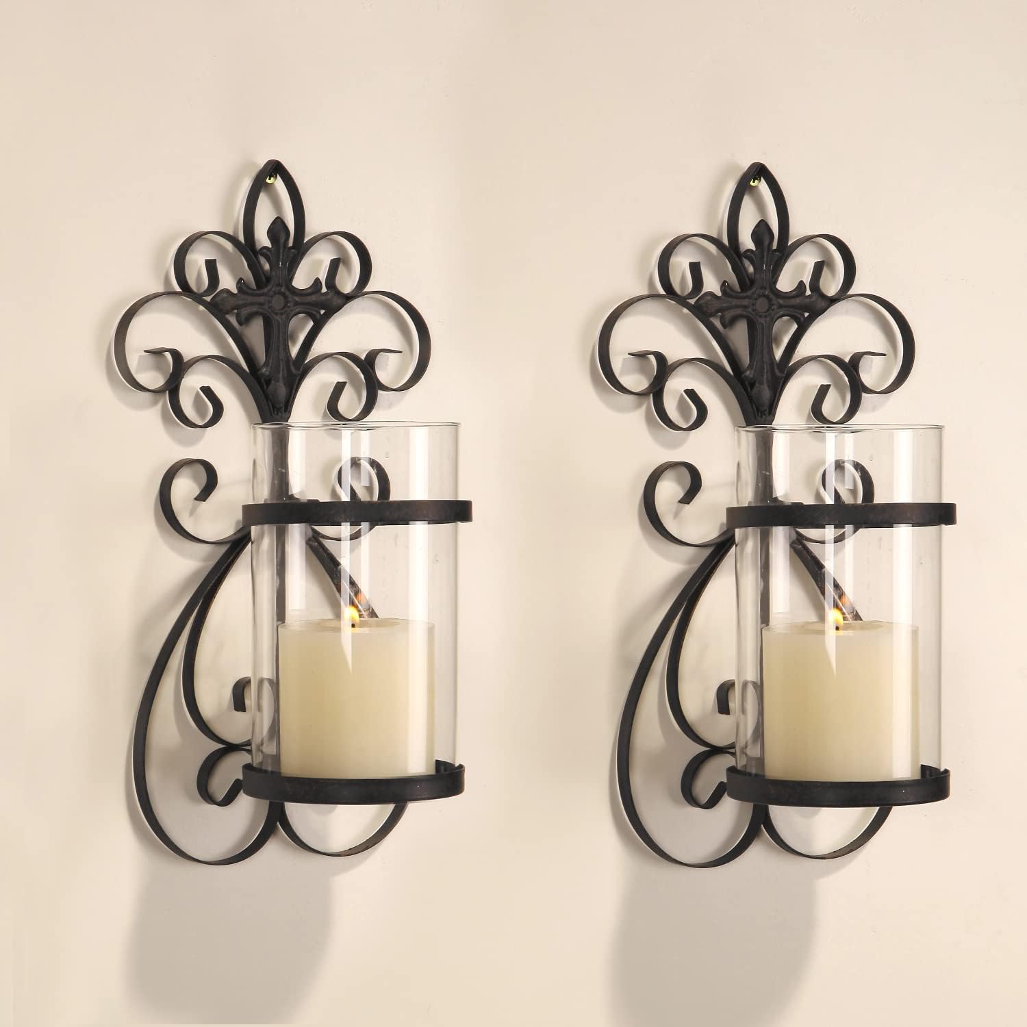 Adeco HD0005 Candle Holder, Black Scroll and Cross