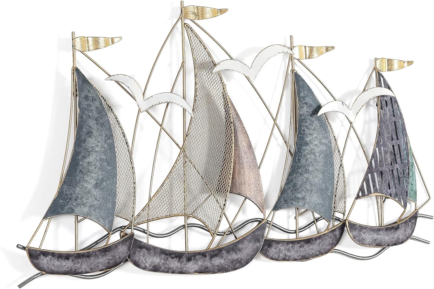 Adeco 3D Metal Sailboat Wall Art, Handmade Antique Finishing Metal Wall Sculptures Nautical Decor Ornaments for Home Hotel Living Room Bedroom Dining Room