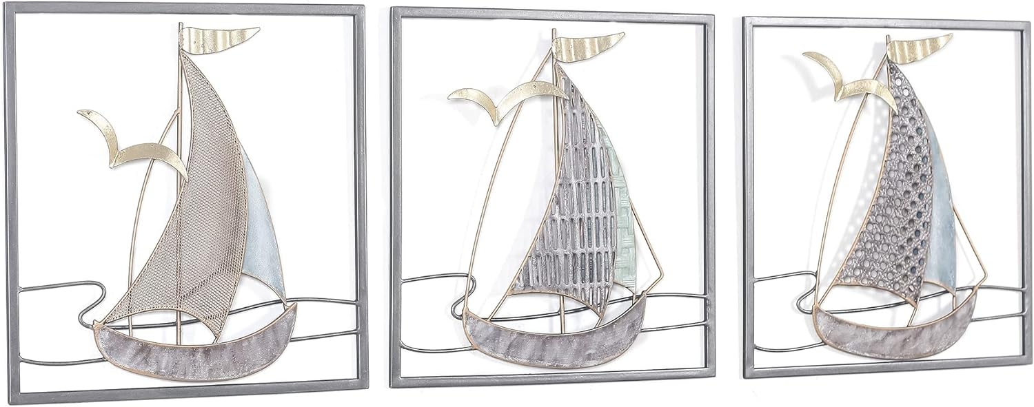 Adeco 3D Metal Sailboat Wall Art Set of 3, Handmade Antique Finishing 24 inch Metal Wall Sculptures Nautical Decor Ornaments for Home Hotel Living Room Bedroom Dining Room