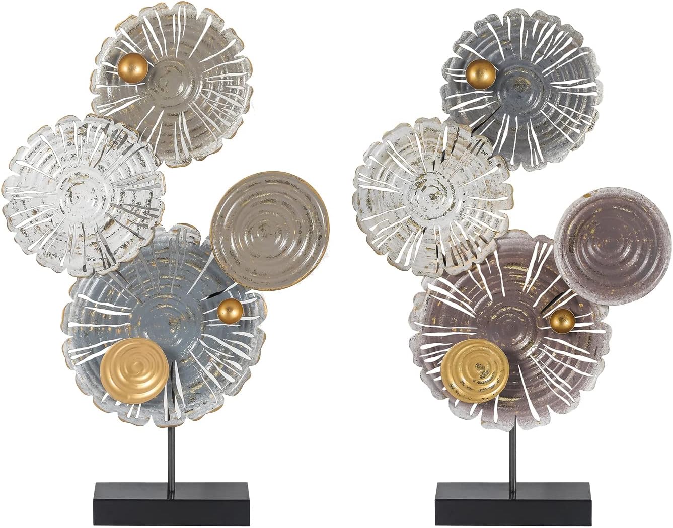 Adeco 2 Pieces Metal Round Floral Sculpture, Rustic Flower Table Top Large Metal Abstract Lotus Leaf Sculpture Home Decor 23.75 L x 15.25 W x 23.75 H, Multi-Color (Gold)