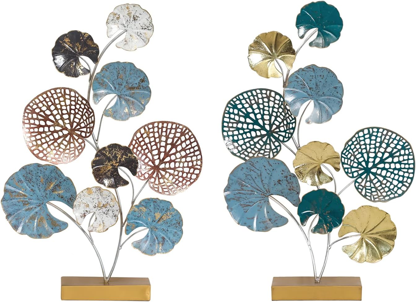 Adeco 2 Pieces Modern Metal Leaves Sculpture,Large Metal Abstract Lotus Leaf Sculpture for Living Room,Bedroom,Office Home Decor (15.25 x 23.75 inch), Multi-Color (Teal Blue)