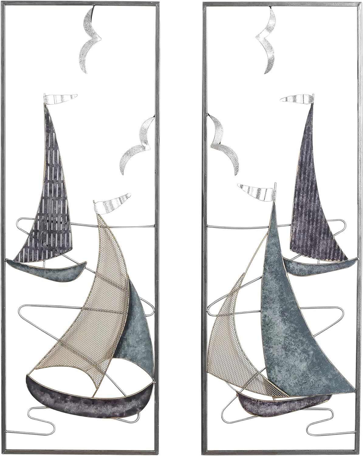 Adeco 3D Metal Sailboat Wall Art Set of 2, Handmade Antique Finishing Metal Wall Sculptures Nautical Decor Ornaments for Home Hotel Living Room Bedroom Dining Room