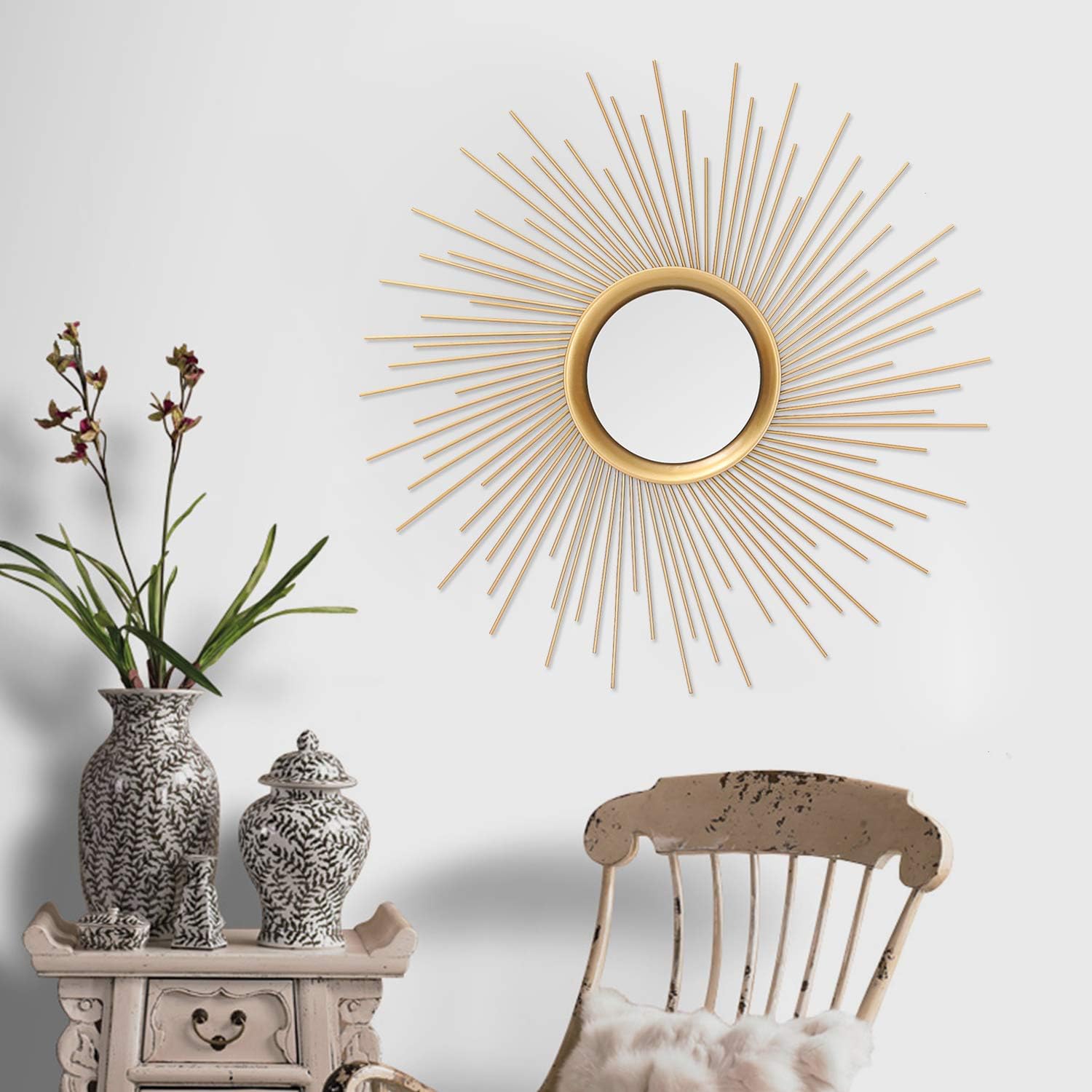 Adeco Sunburst Gold Mirrors 24.6 for Wall, Large Metal Decorative Entry Wall-Mounted Mirrors for Bedroom, Bathroom, Living Room