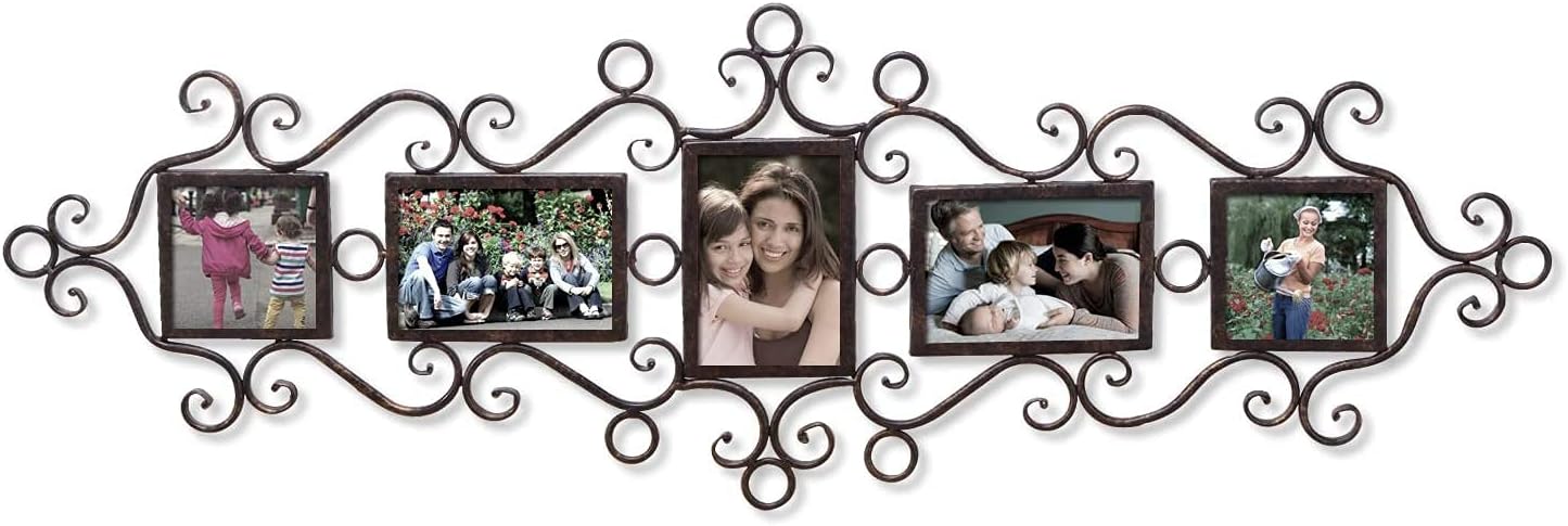 Adeco 5 Openings Decorative Black Metal Filigree Wall Hanging Collage Family Picture Photo Frame - Made to Display Three 4x6 and Two 4x4 Photos