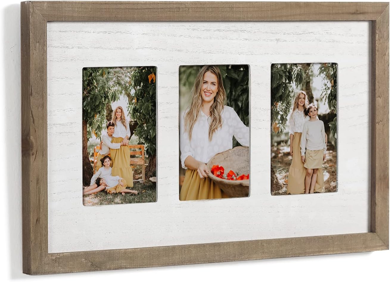 Adeco Decorative Handmade Wooden Collage Picture Frame to Display 3 Openings 4x6 inch Photos for Vertical and Horizontal Wall Hanging with Solid Wood and Plexiglass, Vintage Craftsmanship Wall Decor, Rustic Brown and White