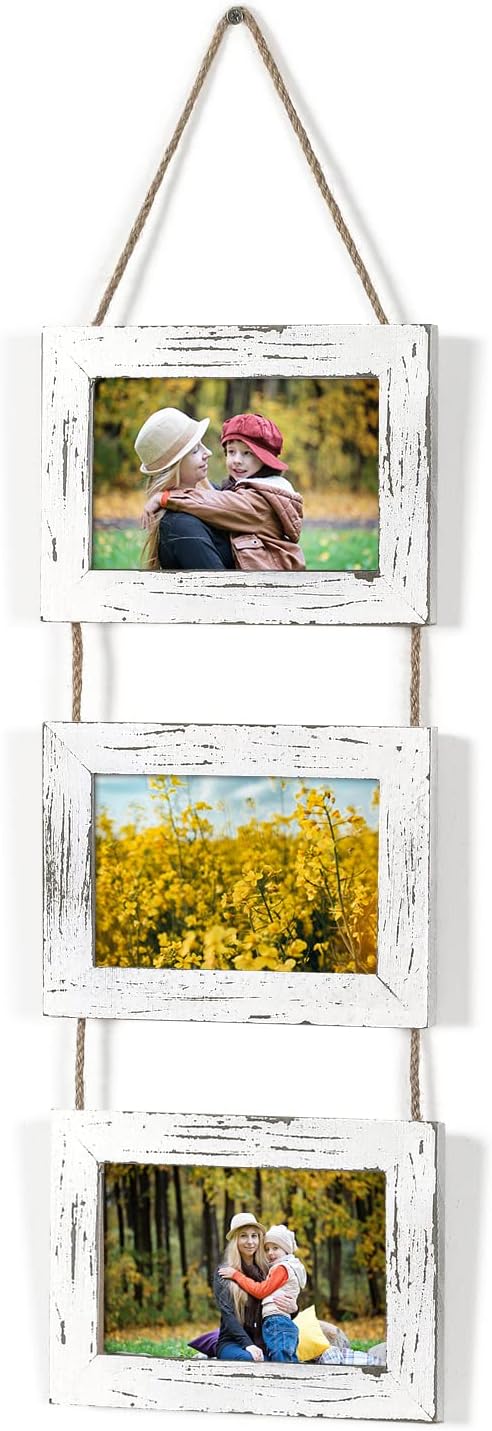 Adeco Handcrafted 4 x 6 Rustic Wooden Picture Frames, Farmhouse Picture Frames, Distressed Wood Wall Decor for Hanging, White, Set of 3