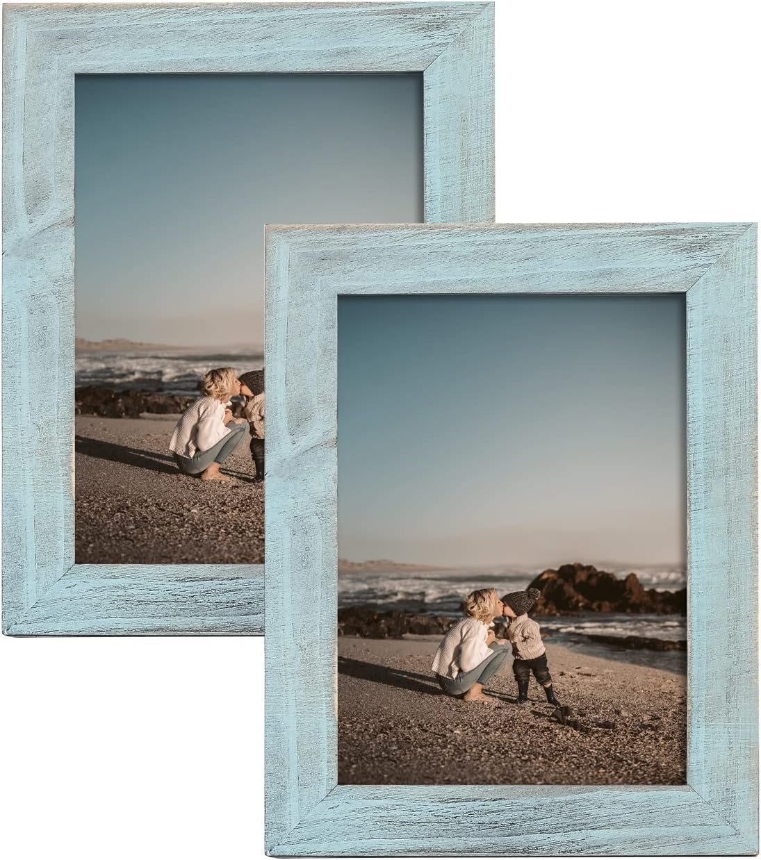 Adeco 5 x 7 Inch Wooden Picture Frame Set Handcrafted Distressed Farmhouse Wall Decor for Wall Hanging and Tabletop, Light Blue, Set of 2