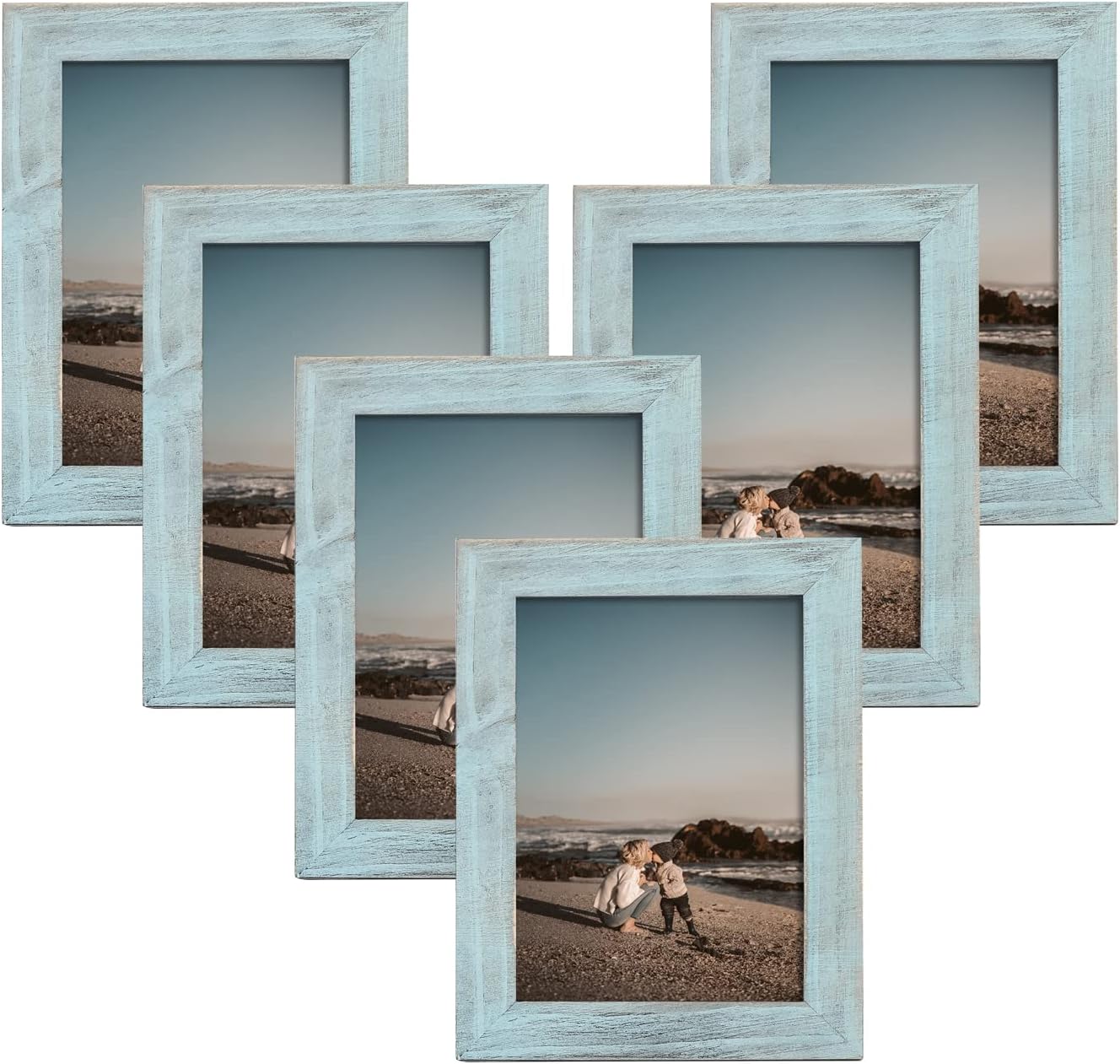 Adeco 5 x 7 Inch Wooden Picture Frame Set Handcrafted Distressed Farmhouse Wall Decor for Wall Hanging and Tabletop, Light Blue, Set of 6