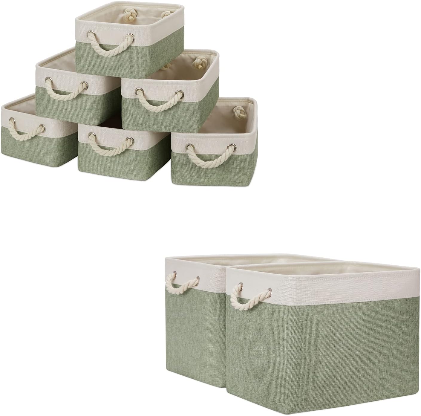 Temary Baskets 6 Pcs Fabric Storage Bins for Shelves Bundled with 2 Fabric Storage Basket for Organizing Nursery, Home (White&Green, 11.8Lx7.9Wx5.3H Inches, 16Lx12Wx12H Inches)