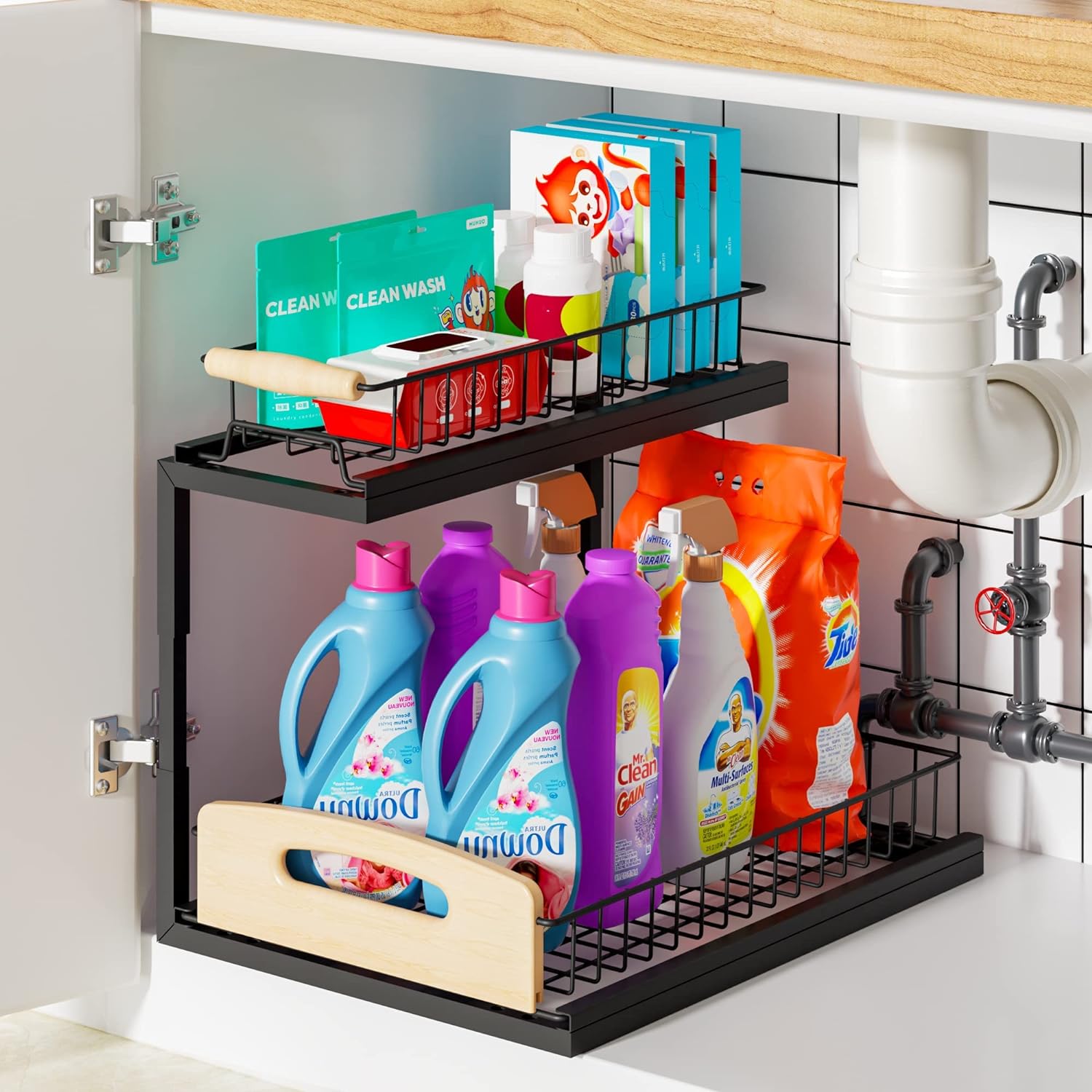 G-TING Under Sink Organizer 2 Tier, L Shaped Sliding Cabinet Basket Organizer, Slide Out Under Cabinet Storage, Multi-Purpose Pull Out Cabinet Organizer for Bathroom, Kitchen, Black